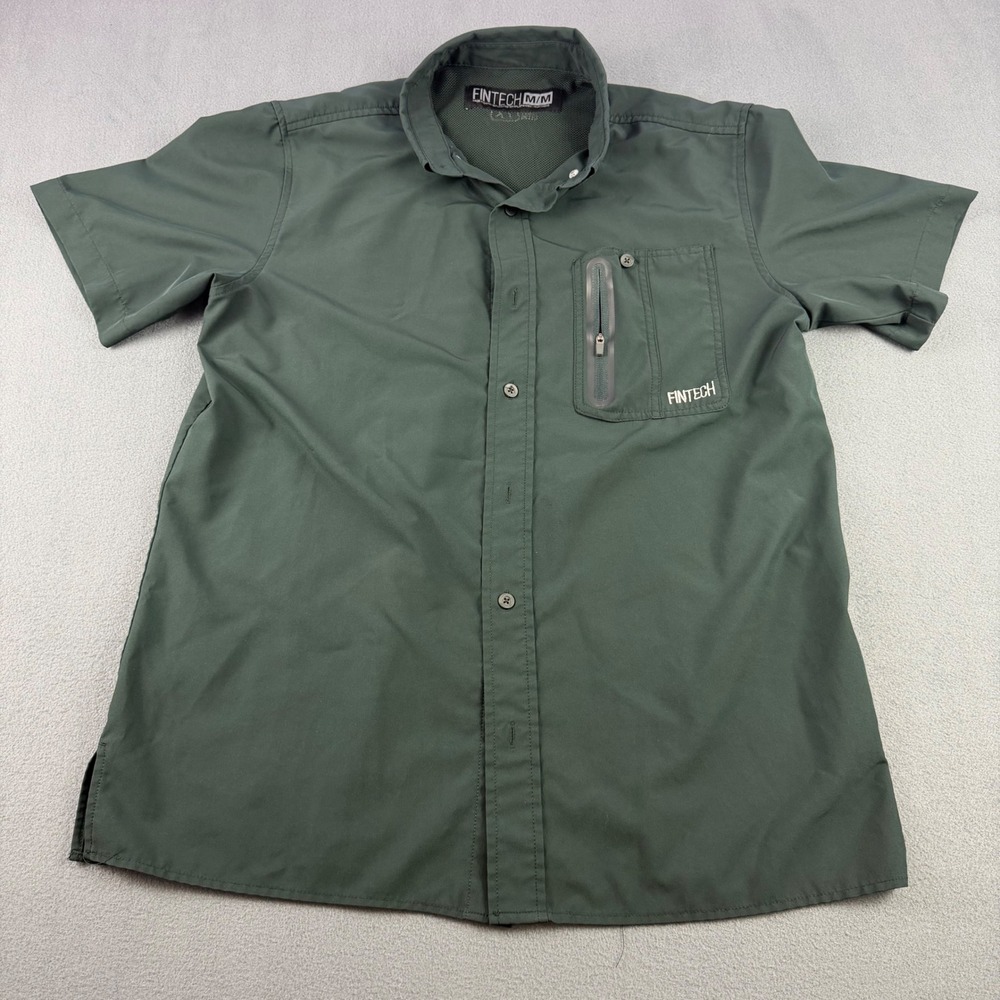 Fintech Mens Performance Fishing Shirt Green Short Sleeve Button Down Size M